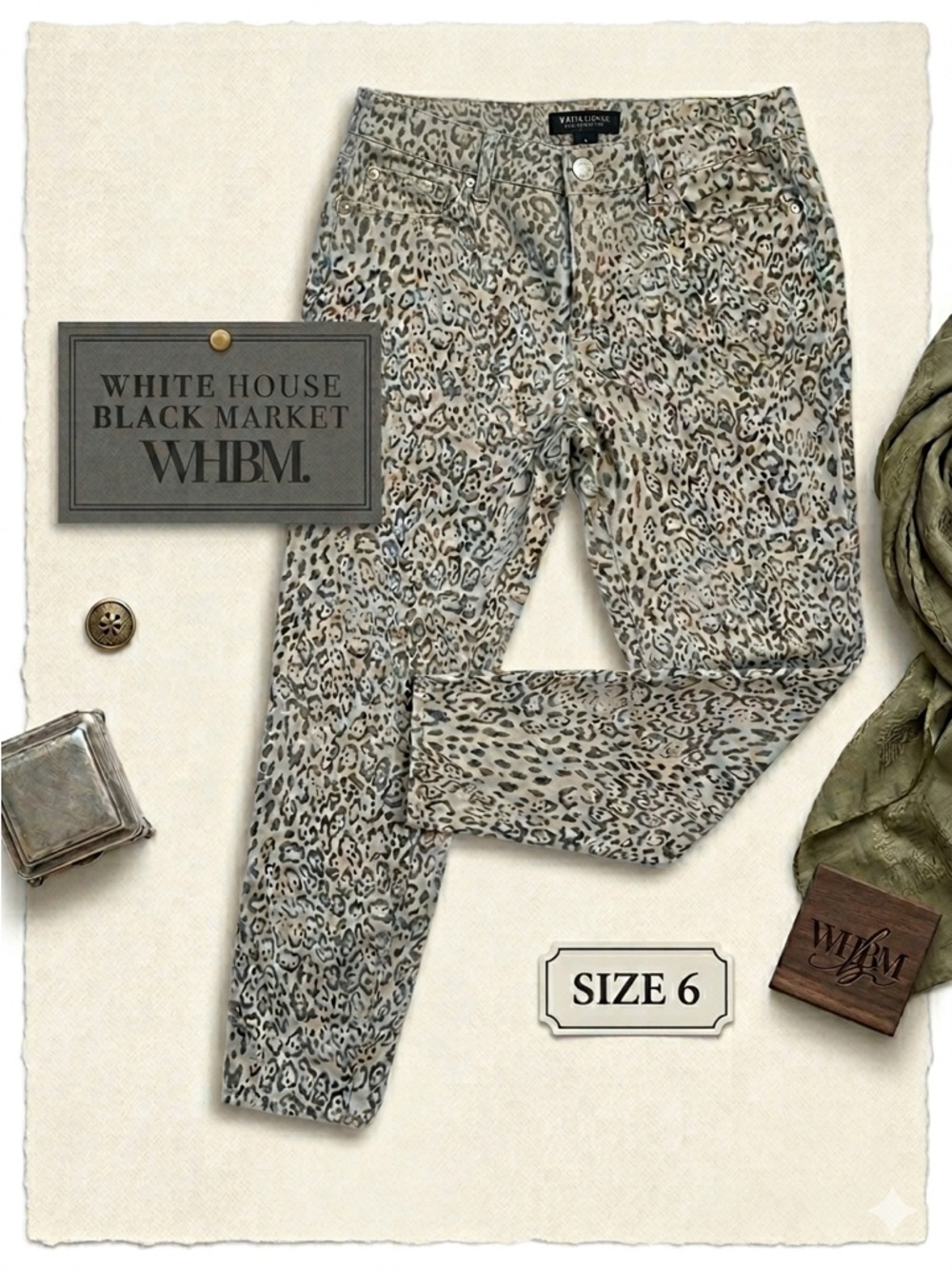 White House Black Market Women’s Gray Charcoal Leopard Print‎ Skinny Jeans 6